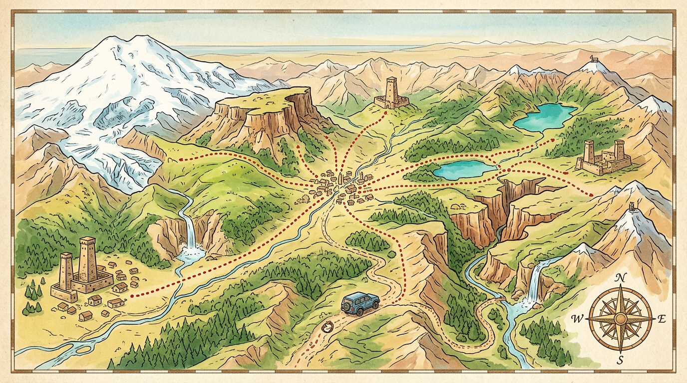 Карта маршрутов джип-туров по Кавказу